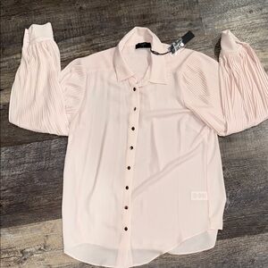 Tahari Light Pink Button Down Shirt With Pleated Sleeves. NWT